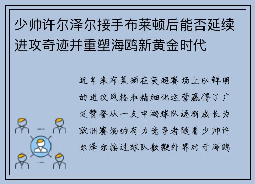 少帅许尔泽尔接手布莱顿后能否延续进攻奇迹并重塑海鸥新黄金时代